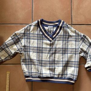 Plaid Sweater Pullover Crewneck - Blue and Cream